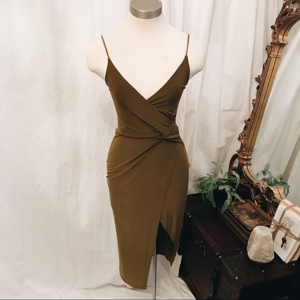 Boohoo khaki green wrap dress